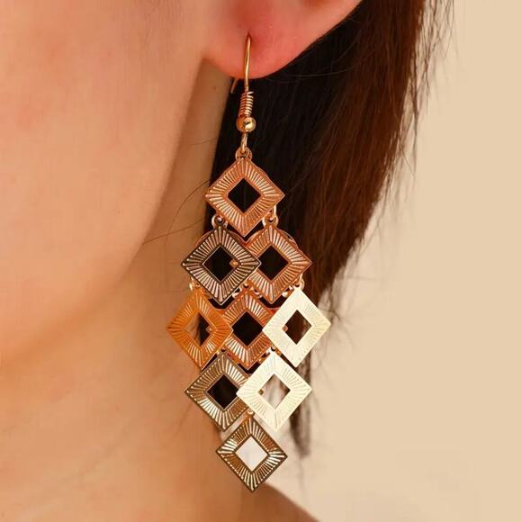 NEW Gold Dangle Earrings – Boho Chic Square Tassel with Hollow Out Design - Picture 1 of 4